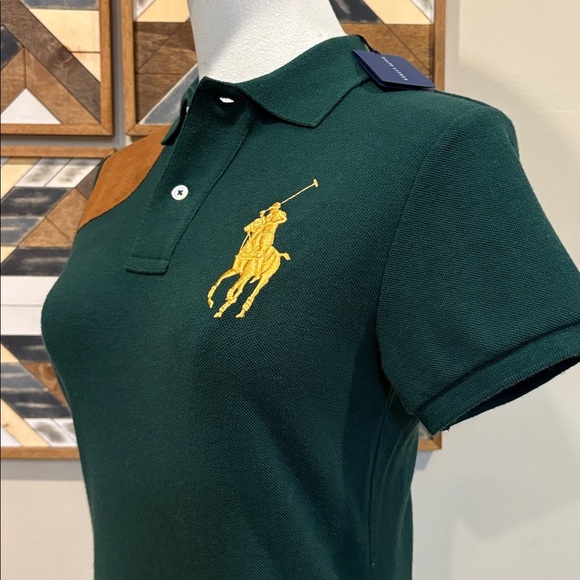 Vintage Ralph Lauren Suede Patch Big Pony Logo Polo Top Dark Green Small NWT - Picture 4 of 10